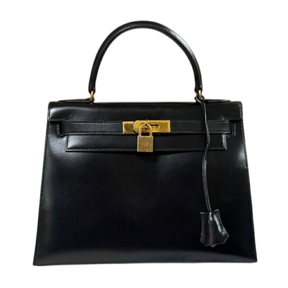 Hermès Kelly 28 handbag in black box calf leather with external stitching. HE... - Picture 1 of 12